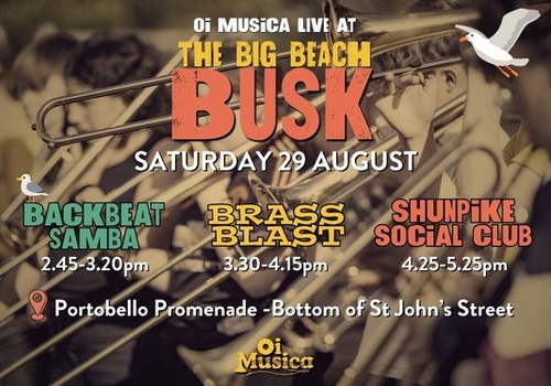 Big Beach Busk 2026 with Backbeat Samba, Shunpike & Brass Blast!